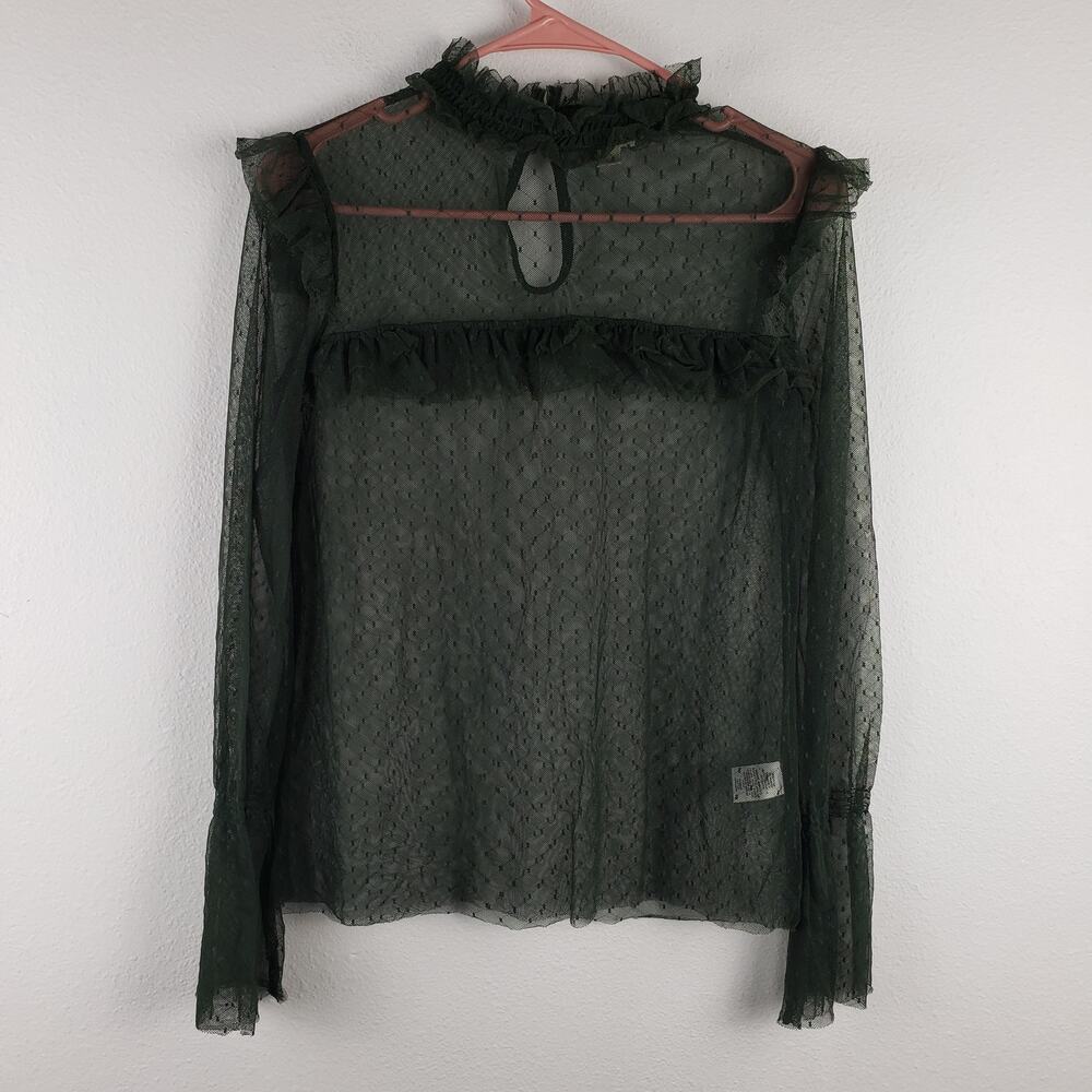 Hinge Women's XS High Neck Ruffled Blouse Green Sheer Swiss Dot Pattern Gothic
